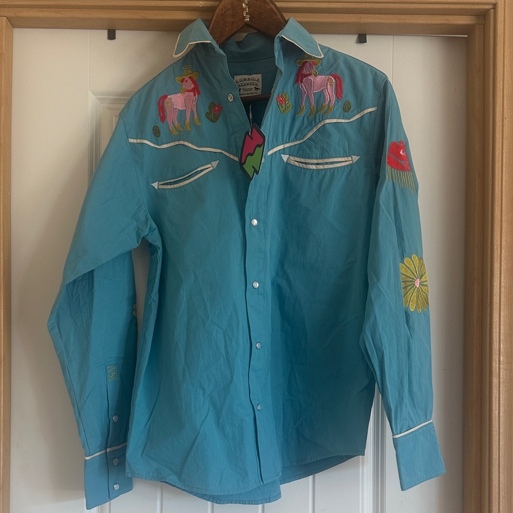 Teal Embroidered Button-Down Shirt